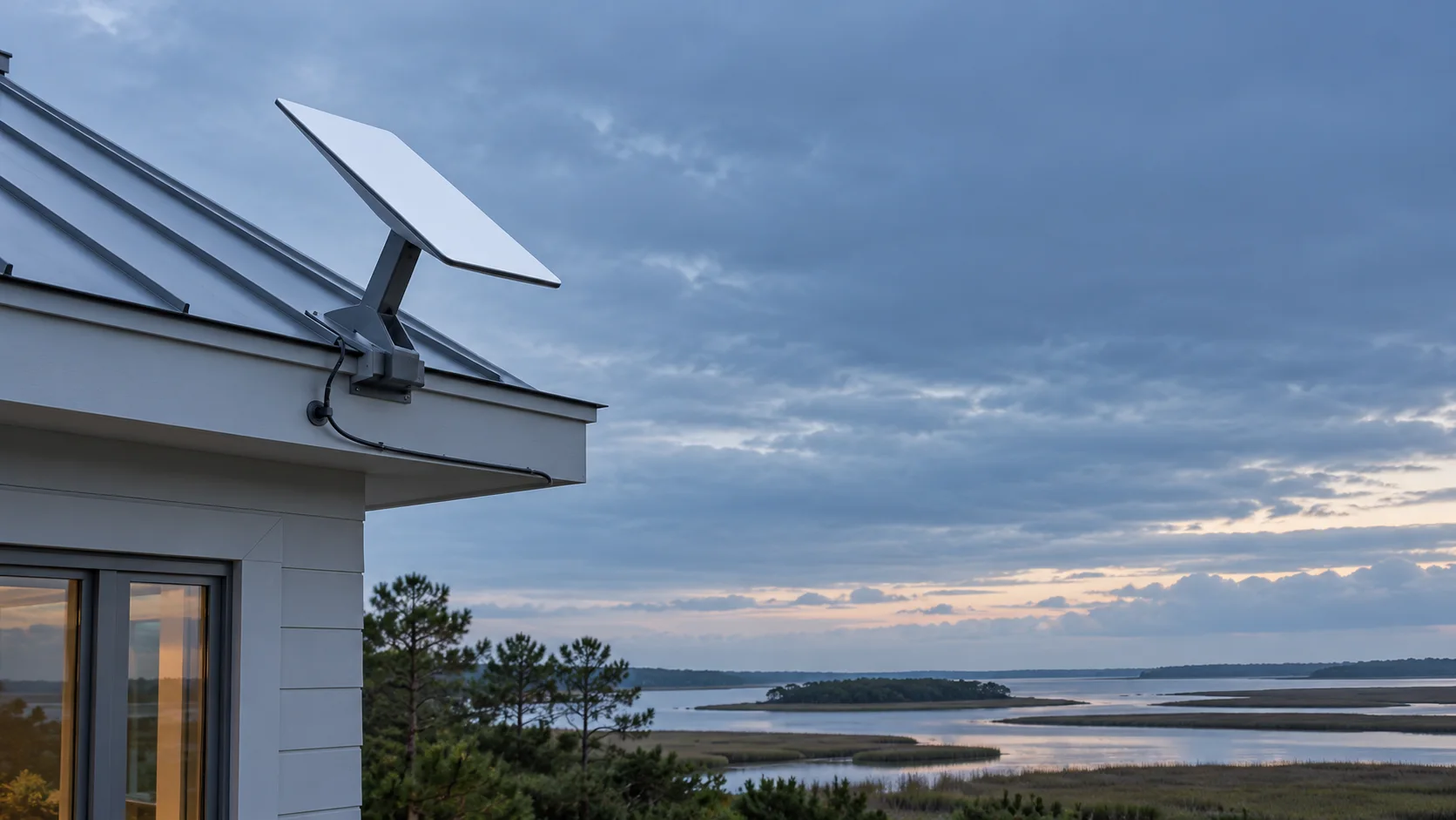 Illustrative satellite antenna mounting and cable routing on a coastal metal roof